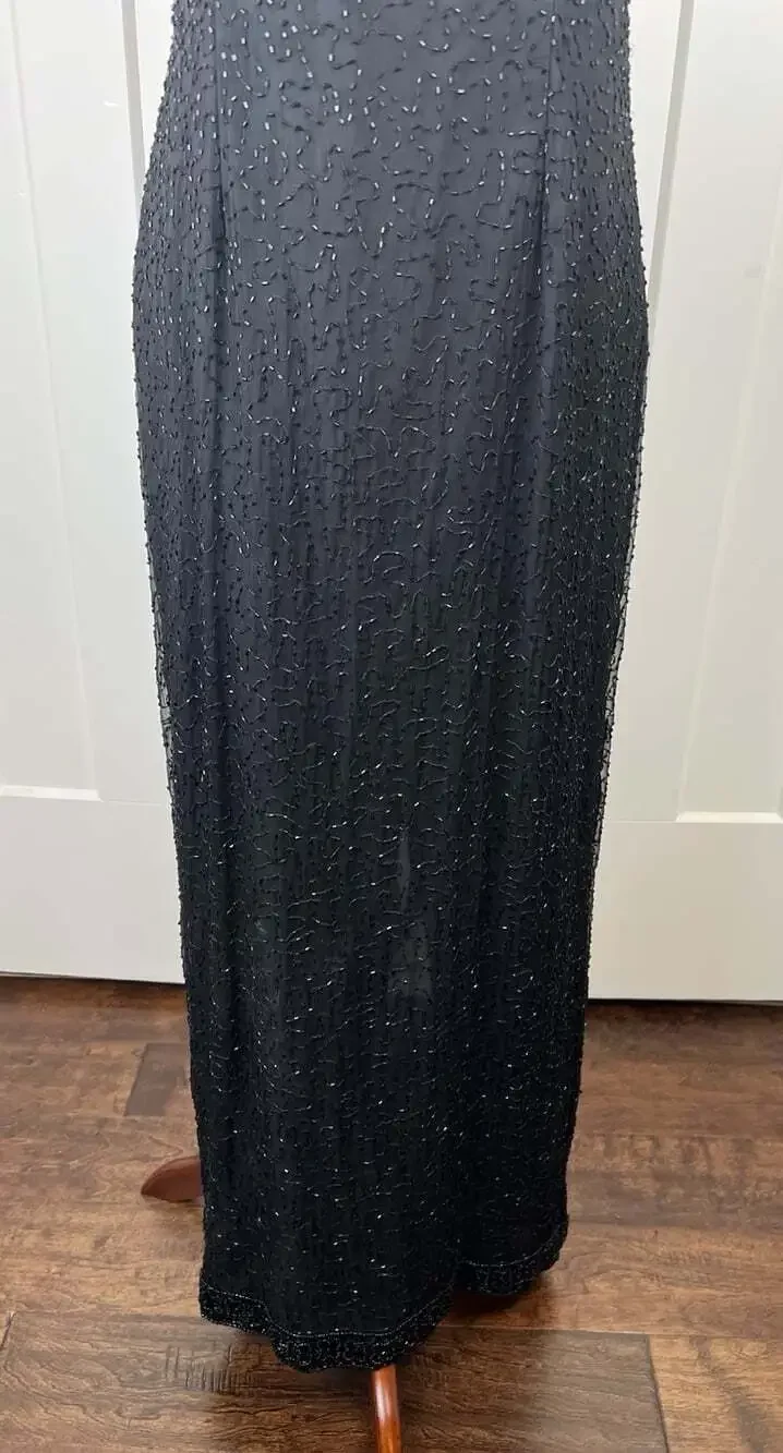 Vintage Laurence Kazar Black Silk Beaded Maxi Dress L Column Gown India Formal